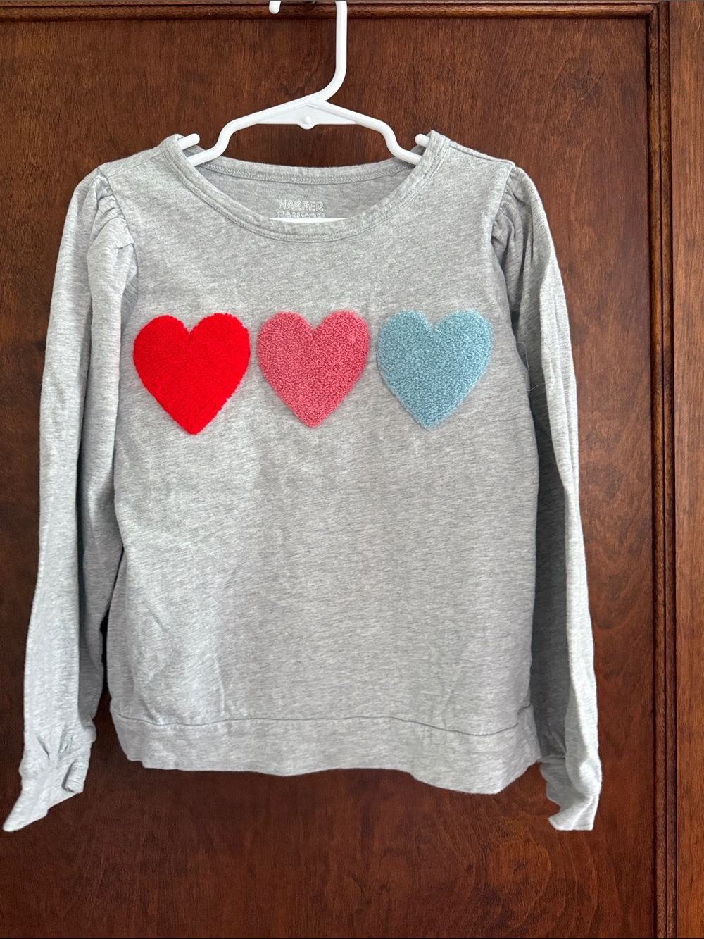 Harper Canyon Gray Long-Sleeve Top with Red, Pink & Light Blue Hearts